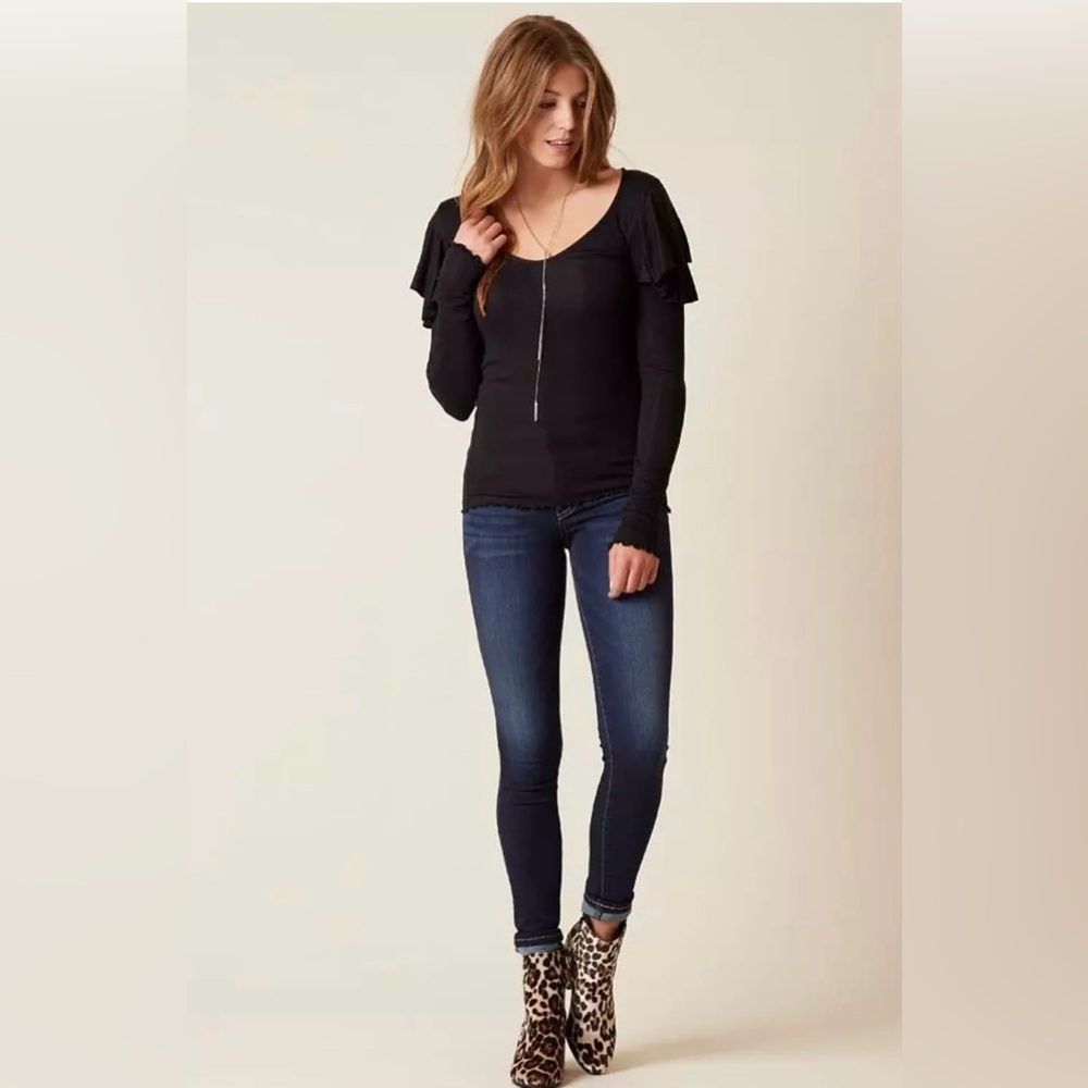 We The Free Black Fitted Ruffled Blouse